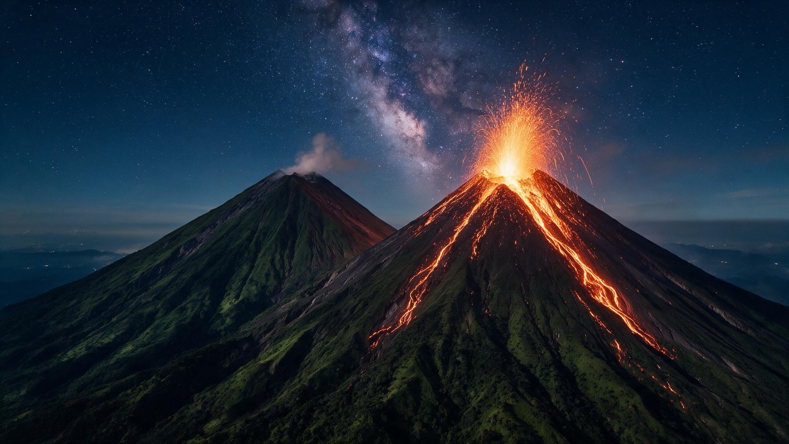 Volcán de Fuego en erupción de noche bajo un cielo estrellado