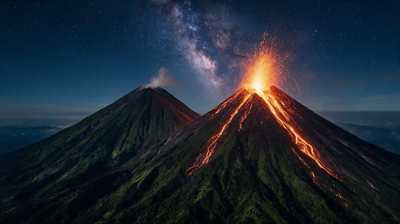 Volcán de Fuego en erupción de noche bajo un cielo estrellado